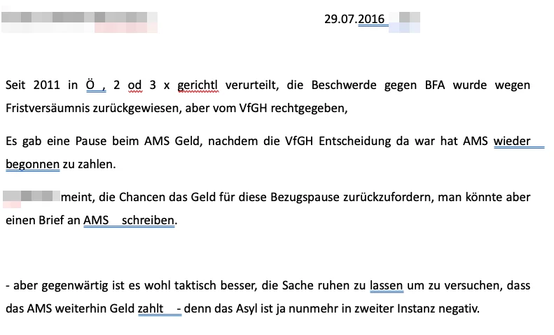 Screenshot aus den Dokumenten des Wiener Asylvereins