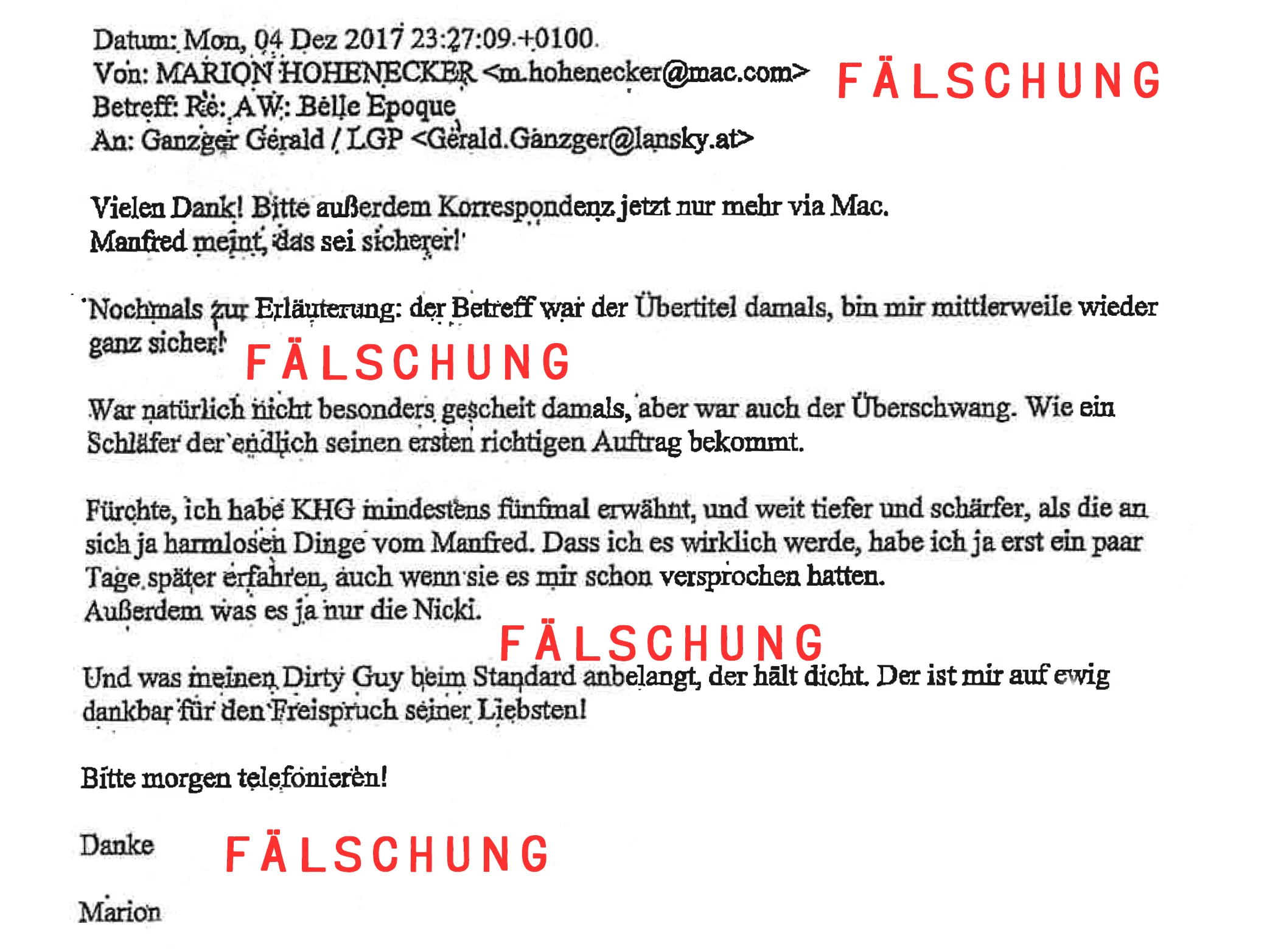 Eine weitere gefälschte E-Mail-Nachricht von Marion Hohenecker an Gerald Ganzger