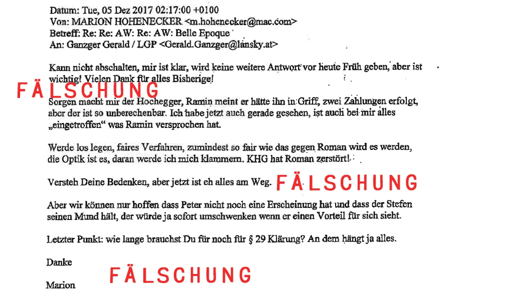 Eine gefälschte E-Mail von Marion Hohenecker an den Wiener Rechtsanwalt Gerald Ganzger
