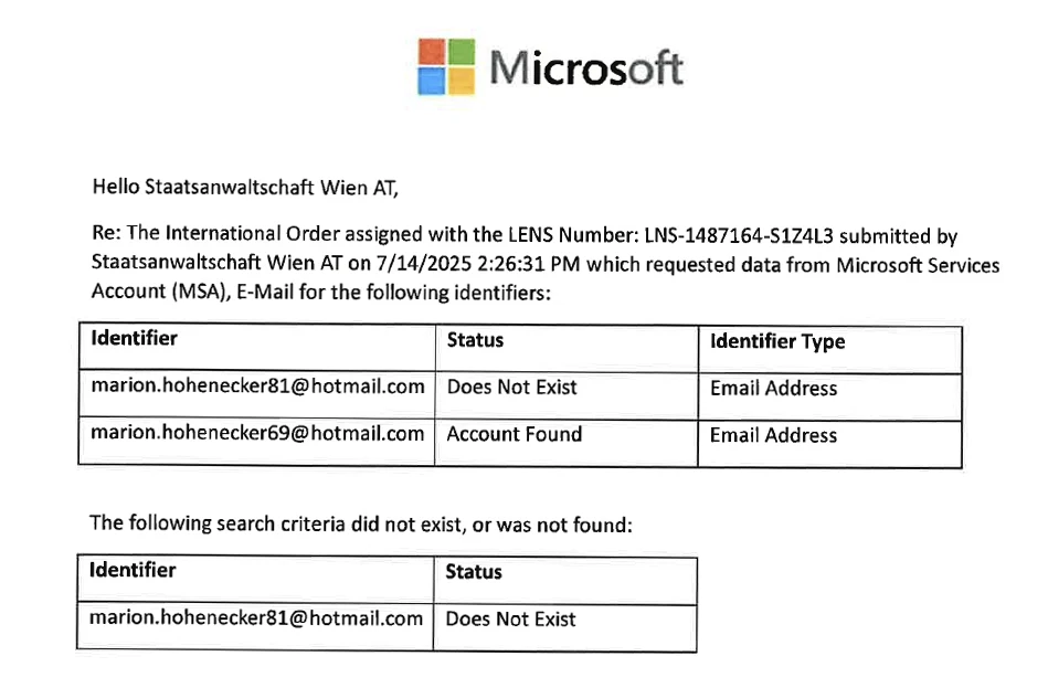 Auszug aus der Auskunft von Microsoft an die Staatsanwaltschaft Wien