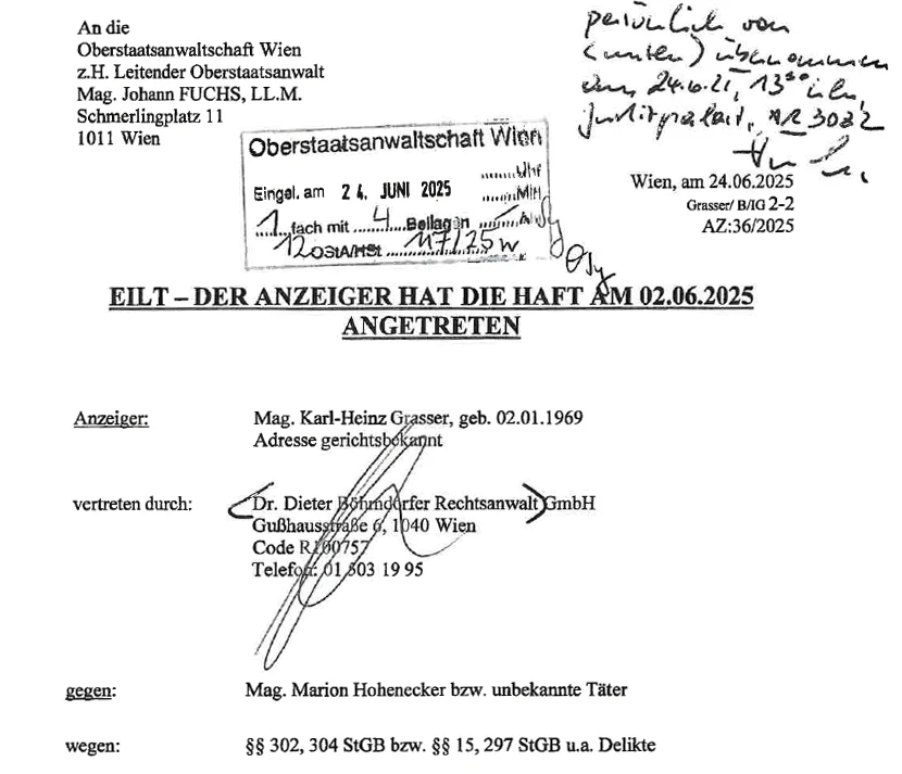 Die Sachverhaltsdarstellung von Ex-Justizminister Dieter Böhmdorfer in Namen von Karl-Heinz Grasser